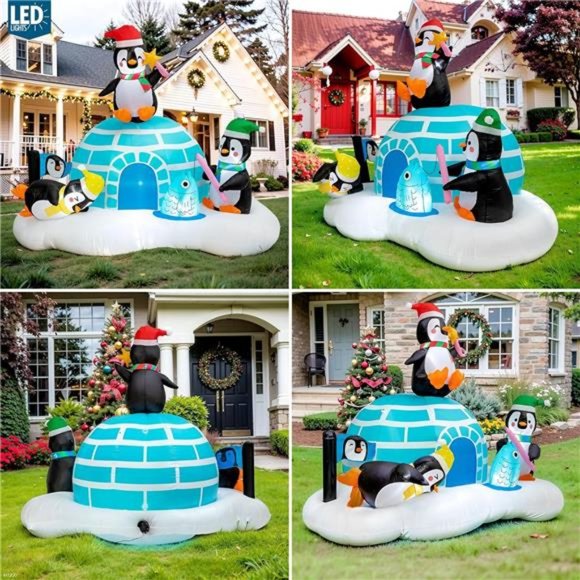 6.9ft Christmas Inflatables Igloo with 3 Penguins, Outdoor LED Light Up Penguin - Picture 6 of 6